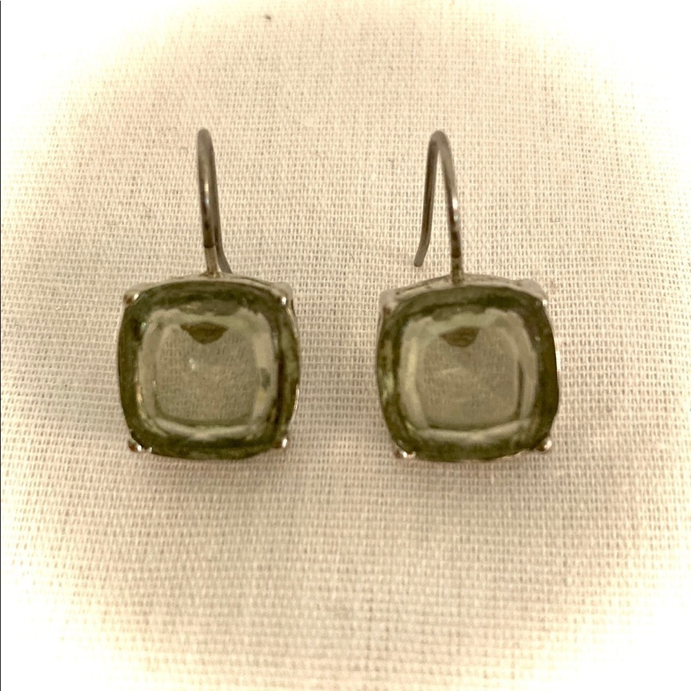 Silver Tone dangle earrings with an Smokey glass centre